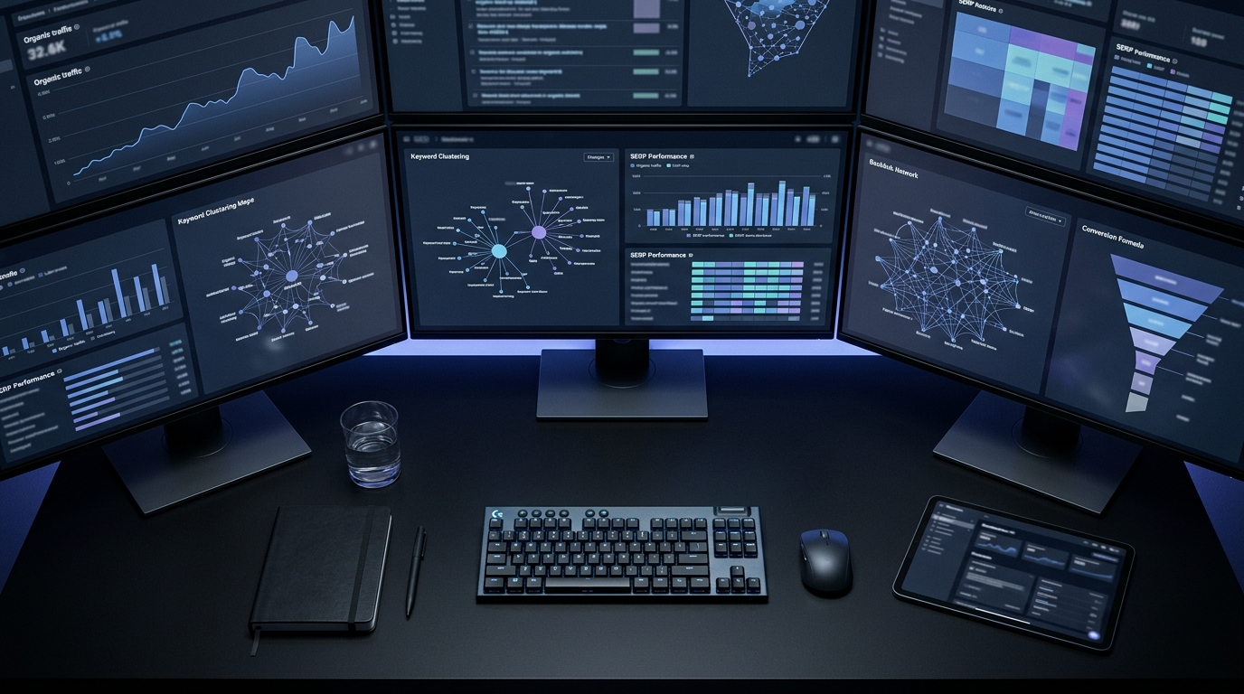 Agency analytics workspace with SEO metrics and funnel performance.