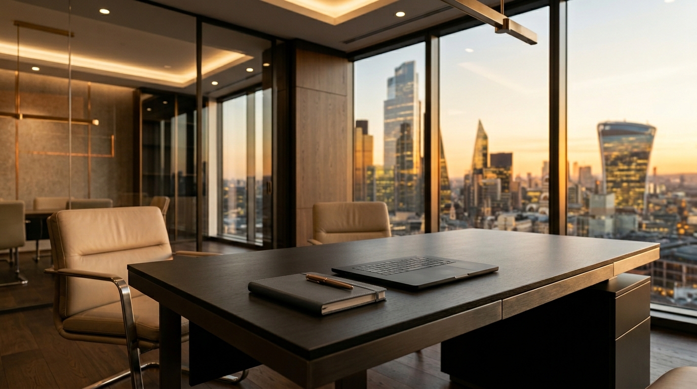 Broker office interior with premium finishes and city views.