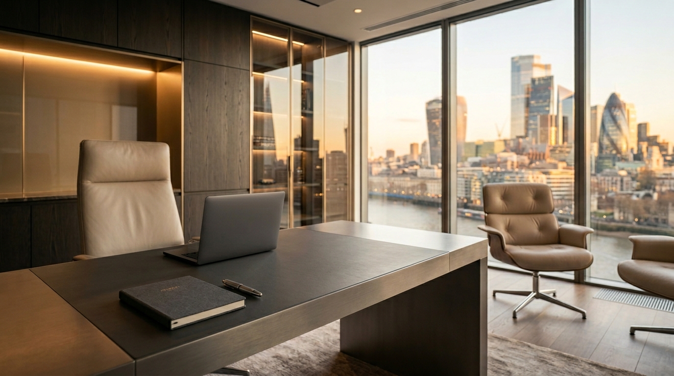 Executive office at sunset with a refined business atmosphere.