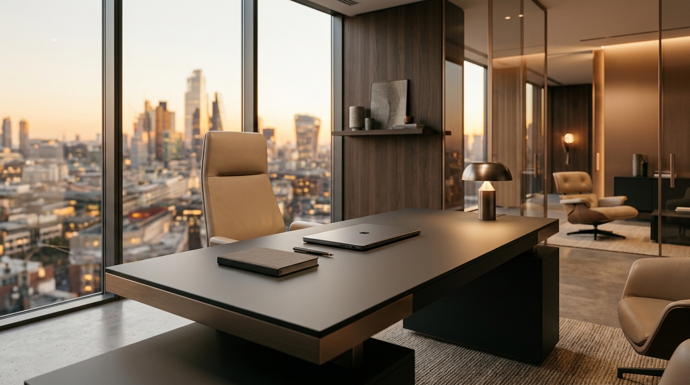 Luxury office skyline scene with a polished corporate setting.